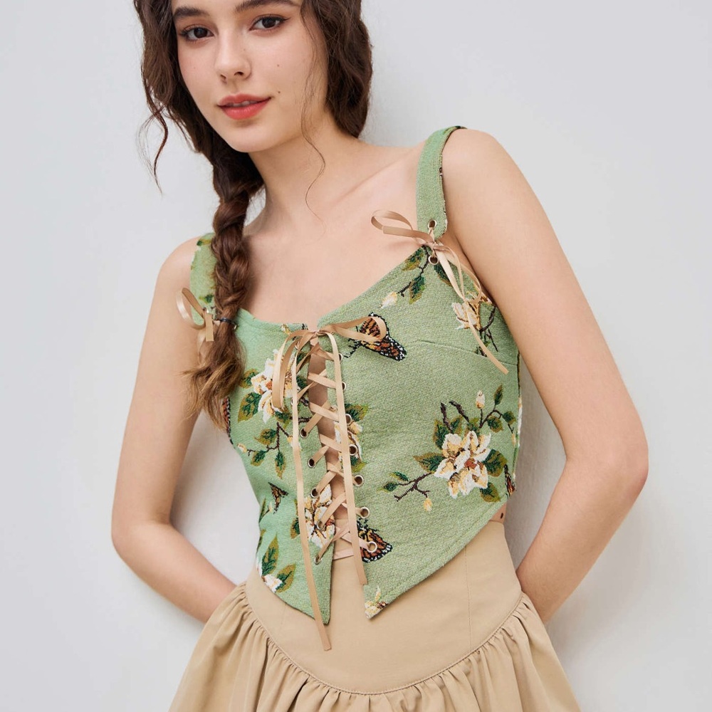 NWT- size Small- Cider Green Floral Lace-Up Tank Top Corset- Cottage Core